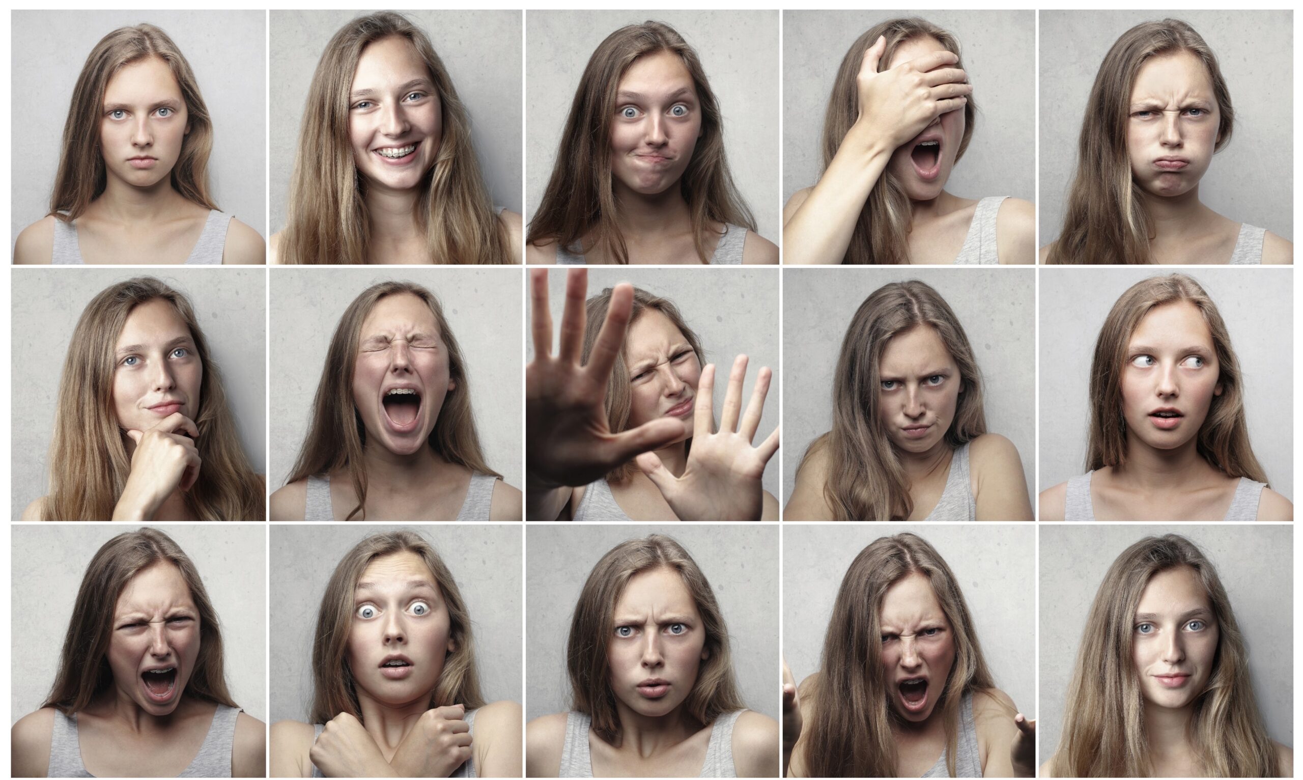 Dozen picture of the same women with different emtions on her face